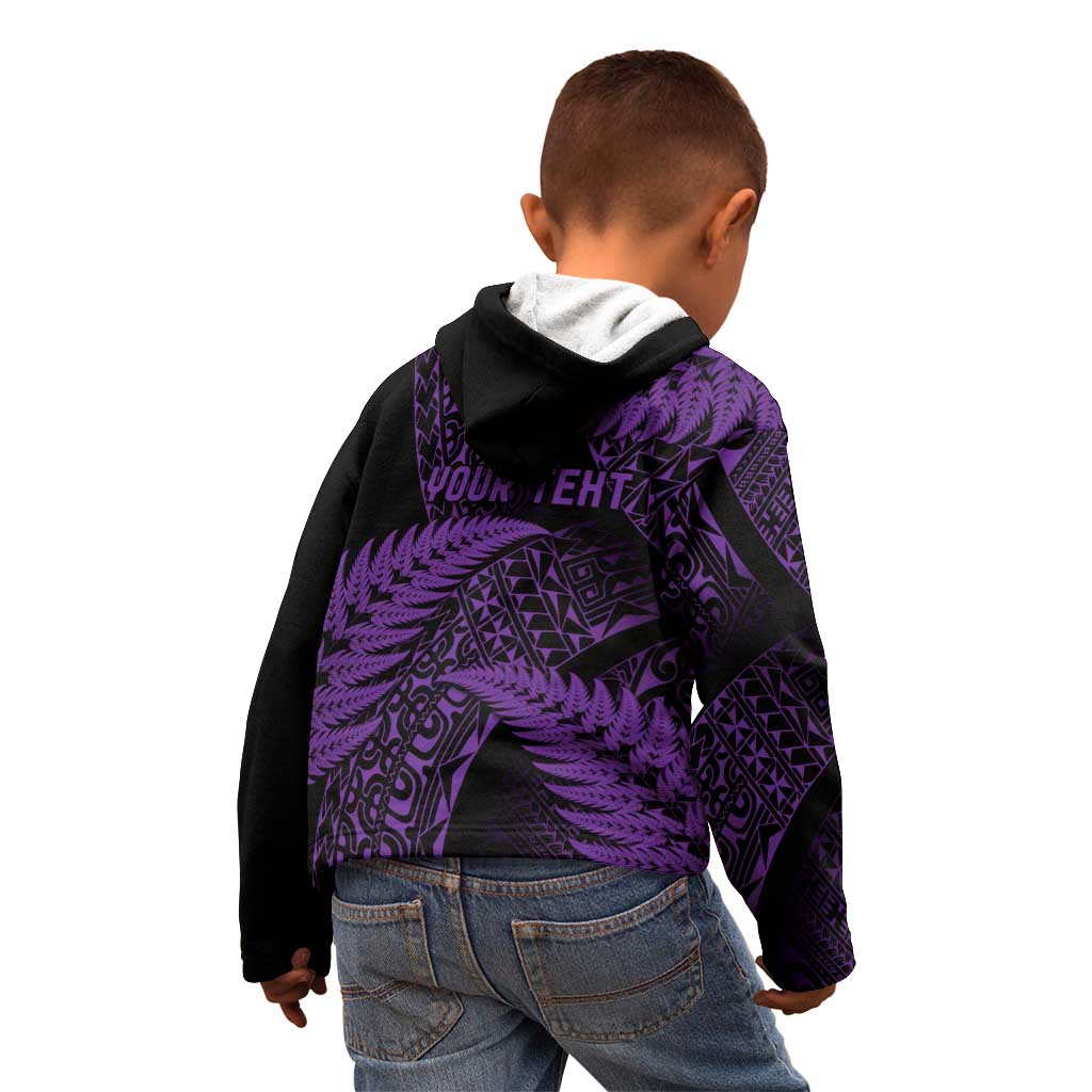 New Zealand Rugby Pacific Personalised Kid Hoodie All Purple Maori Pasifika Fern Pattern