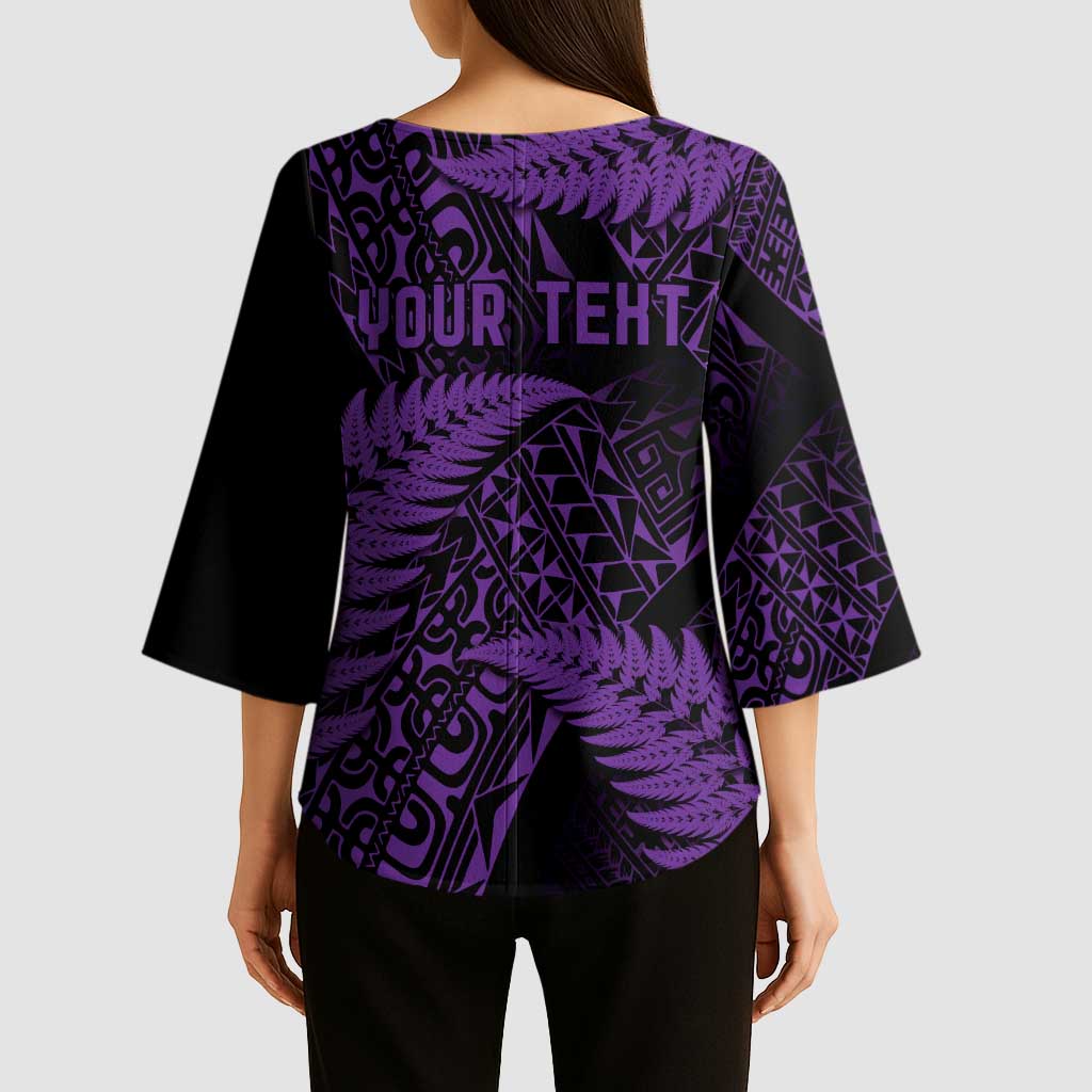 New Zealand Rugby Pacific Personalised Kimono Sleeve Blouse All Purple Maori Pasifika Fern Pattern - Polynesian Pride
