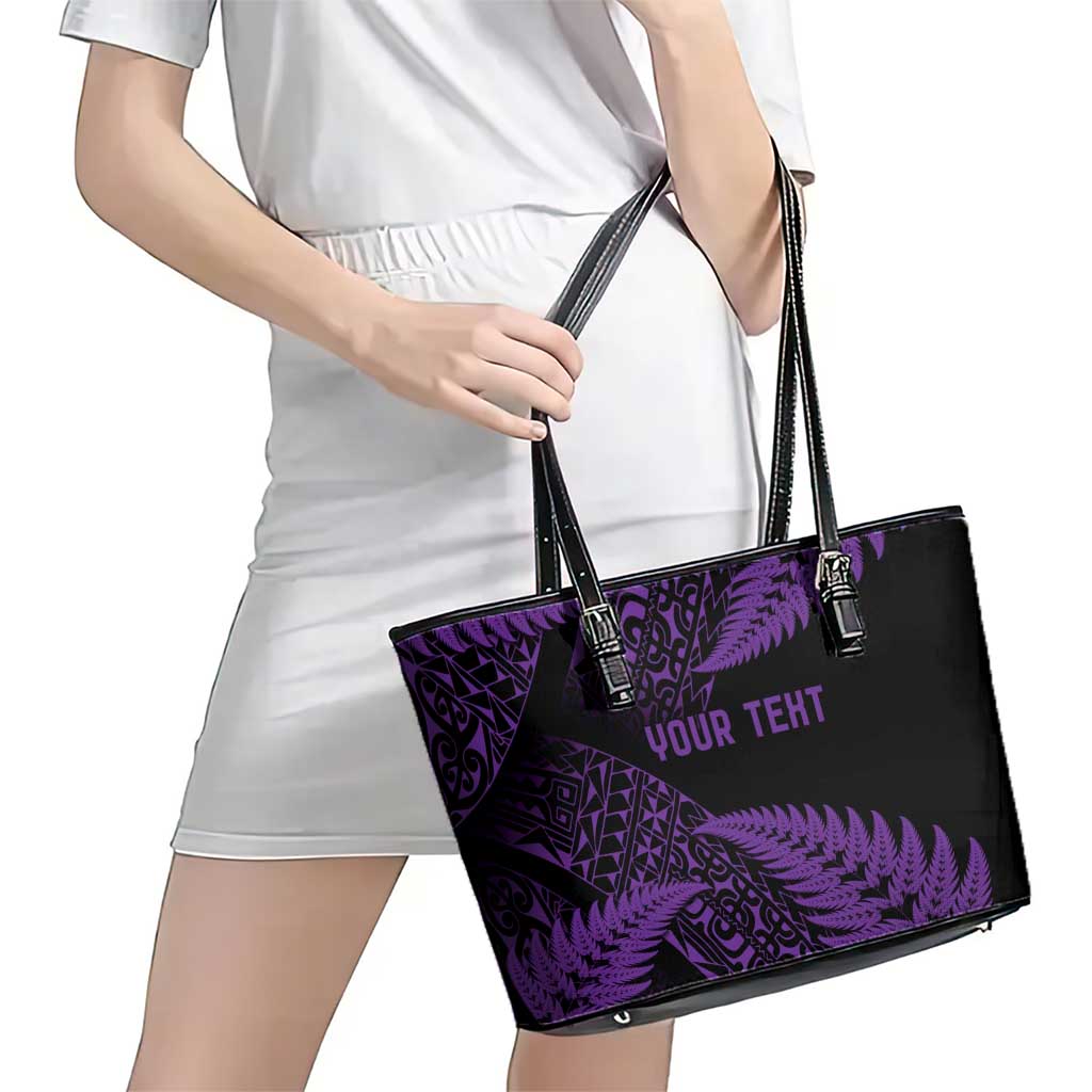 New Zealand Rugby Pacific Personalised Leather Tote Bag All Purple Maori Pasifika Fern Pattern