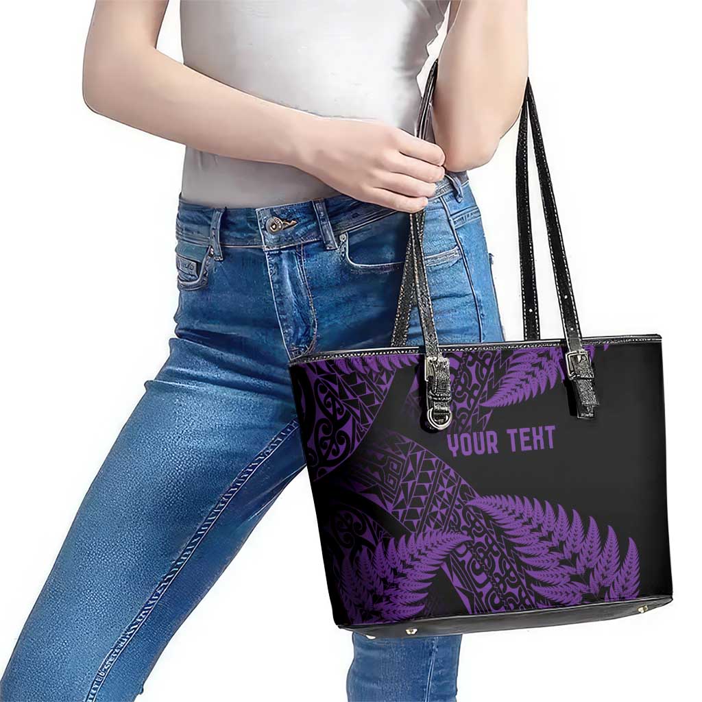 New Zealand Rugby Pacific Personalised Leather Tote Bag All Purple Maori Pasifika Fern Pattern