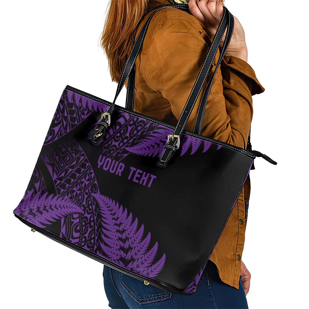 New Zealand Rugby Pacific Personalised Leather Tote Bag All Purple Maori Pasifika Fern Pattern