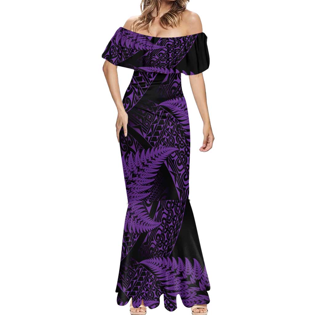 New Zealand Rugby Pacific Personalised Mermaid Dress All Purple Maori Pasifika Fern Pattern