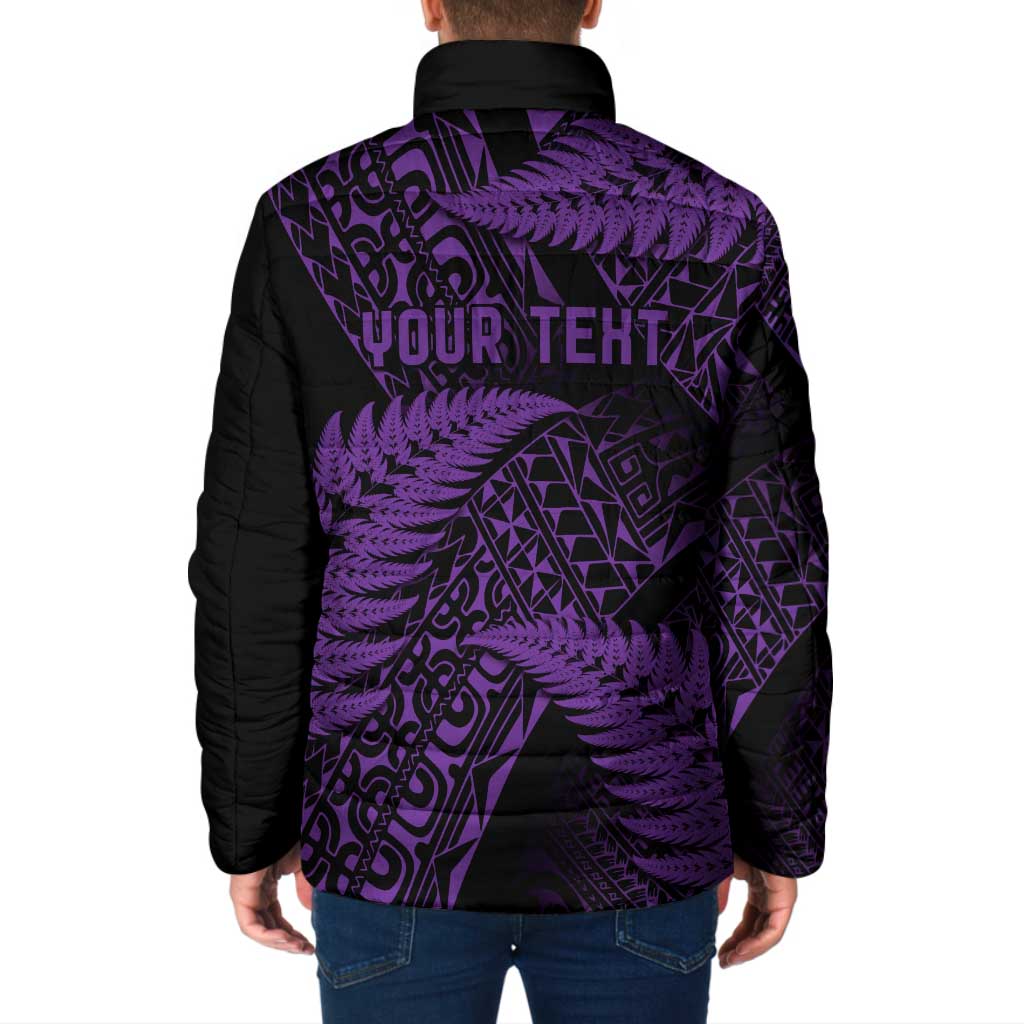 New Zealand Rugby Pacific Personalised Padded Jacket All Purple Maori Pasifika Fern Pattern - Polynesian Pride