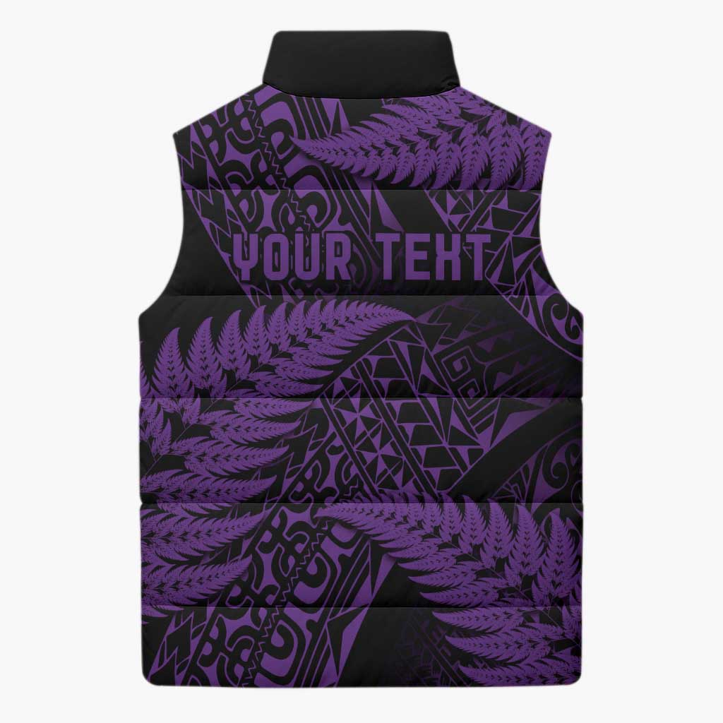 New Zealand Rugby Pacific Personalised Sleeveless Puffer Jacket All Purple Maori Pasifika Fern Pattern - Polynesian Pride
