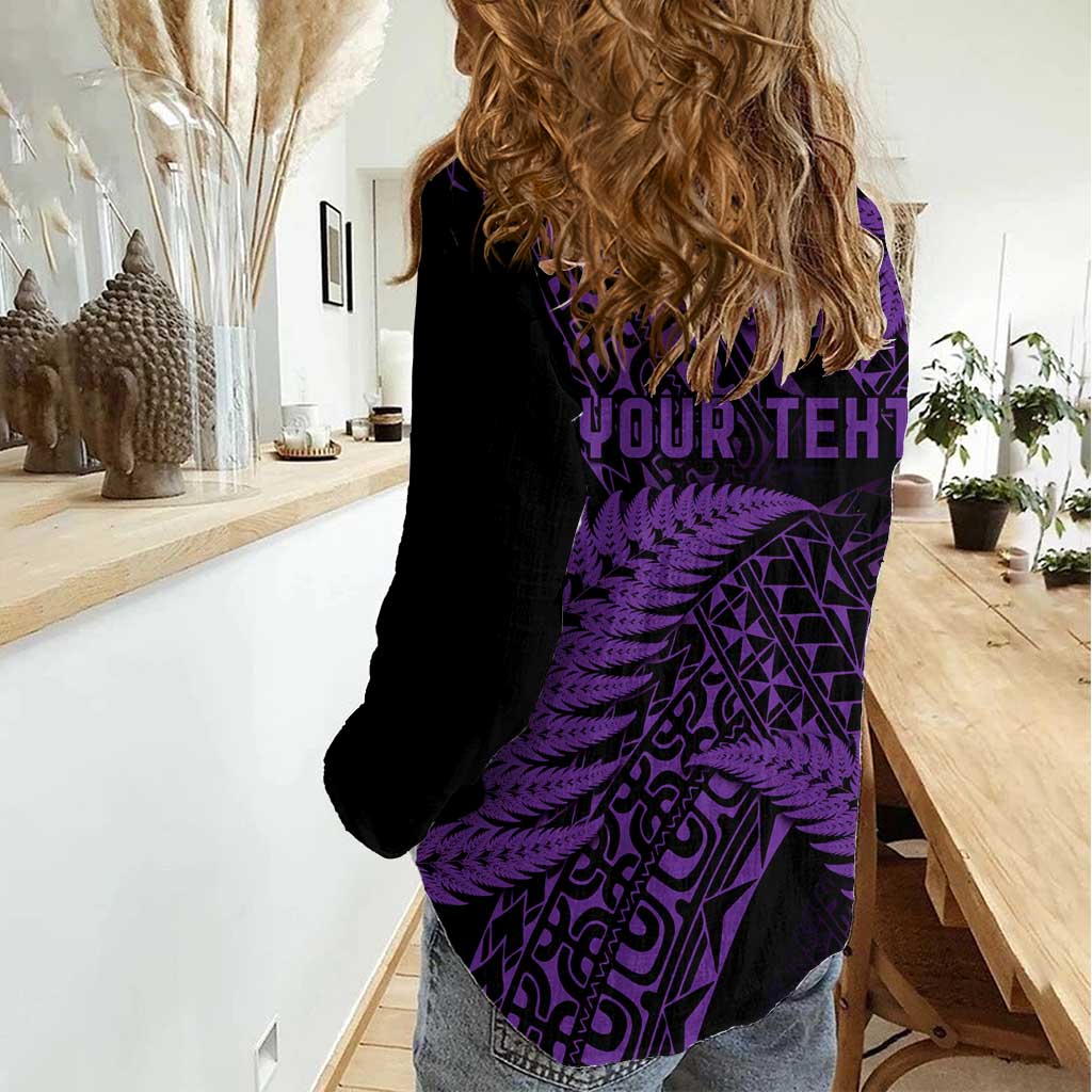 New Zealand Rugby Pacific Personalised Women Casual Shirt All Purple Maori Pasifika Fern Pattern