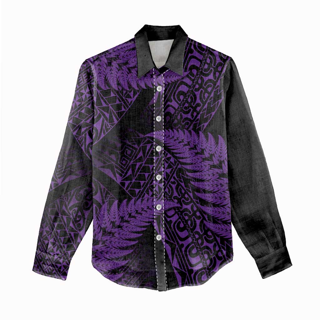 New Zealand Rugby Pacific Personalised Women Casual Shirt All Purple Maori Pasifika Fern Pattern