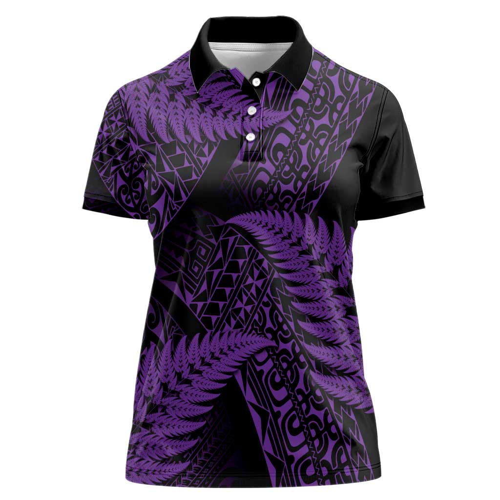 New Zealand Rugby Pacific Personalised Women Polo Shirt All Purple Maori Pasifika Fern Pattern