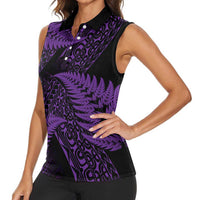 New Zealand Rugby Pacific Personalised Women Sleeveless Polo Shirt All Purple Maori Pasifika Fern Pattern