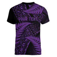 New Zealand Rugby Pacific Personalised Women V-Neck T-Shirt All Purple Maori Pasifika Fern Pattern
