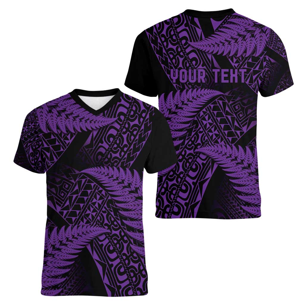 New Zealand Rugby Pacific Personalised Women V-Neck T-Shirt All Purple Maori Pasifika Fern Pattern