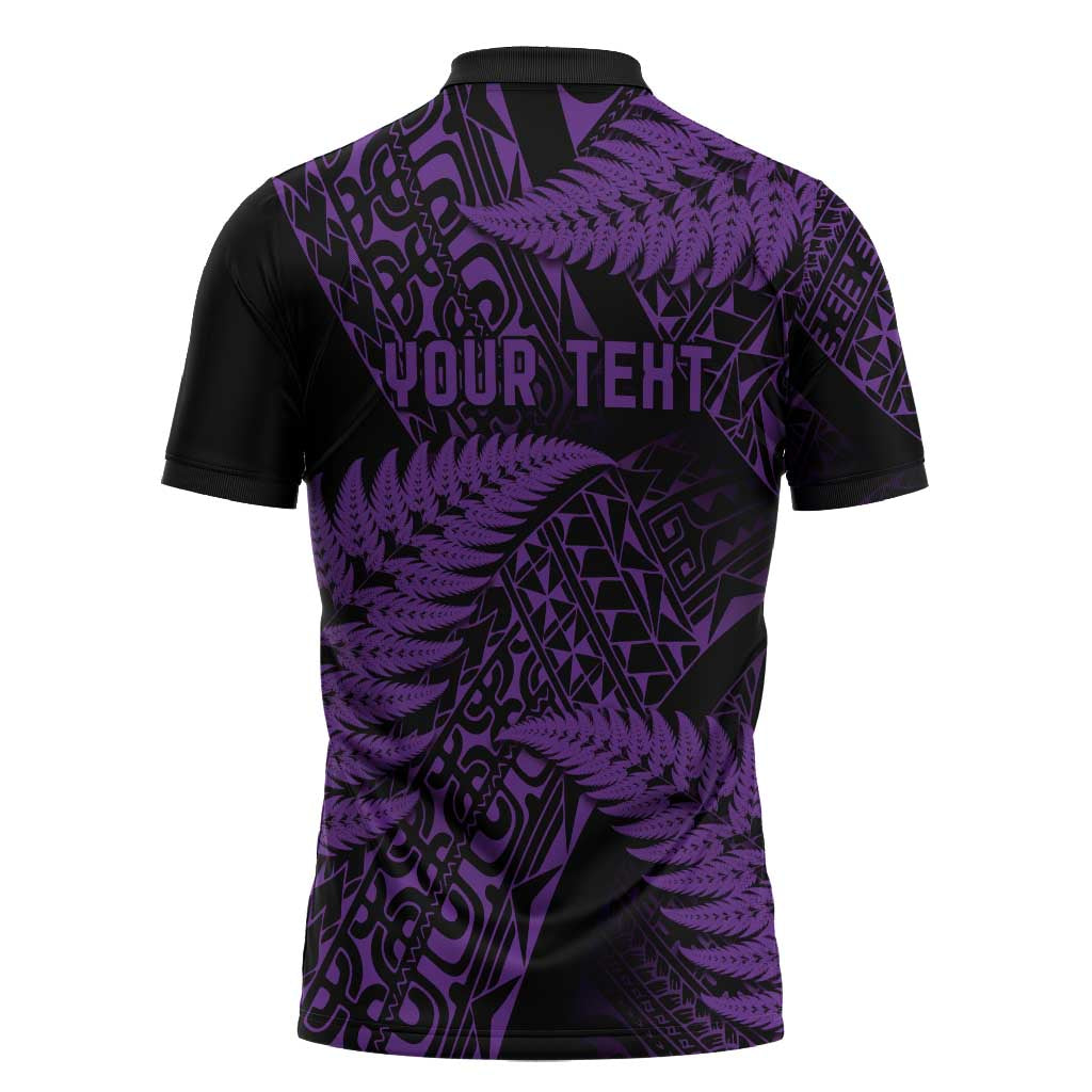New Zealand Rugby Pacific Personalised Zipper Polo Shirt All Purple Maori Pasifika Fern Pattern - Polynesian Pride