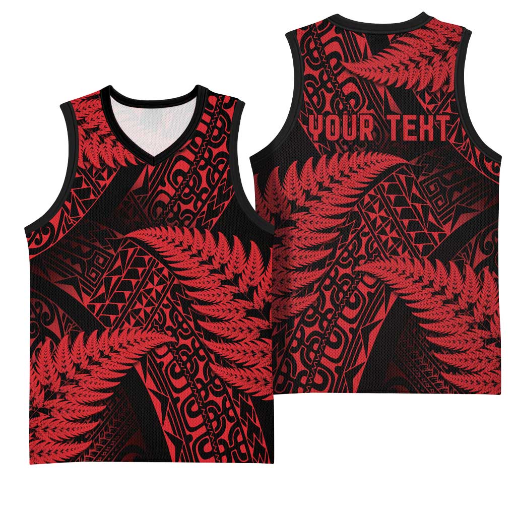 New Zealand Rugby Pacific Personalised Basketball Jersey All Red Maori Pasifika Fern Pattern - Polynesian Pride