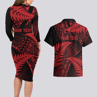 New Zealand Rugby Pacific Personalised Couples Matching Long Sleeve Bodycon Dress and Hawaiian Shirt All Red Maori Pasifika Fern Pattern