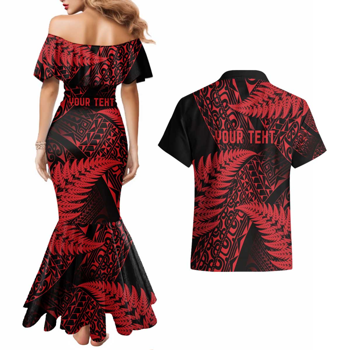 New Zealand Rugby Pacific Personalised Couples Matching Mermaid Dress and Hawaiian Shirt All Red Maori Pasifika Fern Pattern