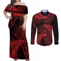 New Zealand Rugby Pacific Personalised Couples Matching Off Shoulder Maxi Dress and Long Sleeve Button Shirt All Red Maori Pasifika Fern Pattern