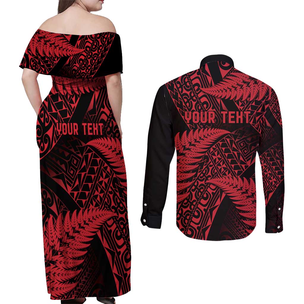 New Zealand Rugby Pacific Personalised Couples Matching Off Shoulder Maxi Dress and Long Sleeve Button Shirt All Red Maori Pasifika Fern Pattern