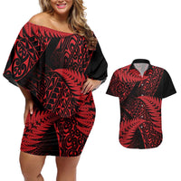 New Zealand Rugby Pacific Personalised Couples Matching Off Shoulder Short Dress and Hawaiian Shirt All Red Maori Pasifika Fern Pattern