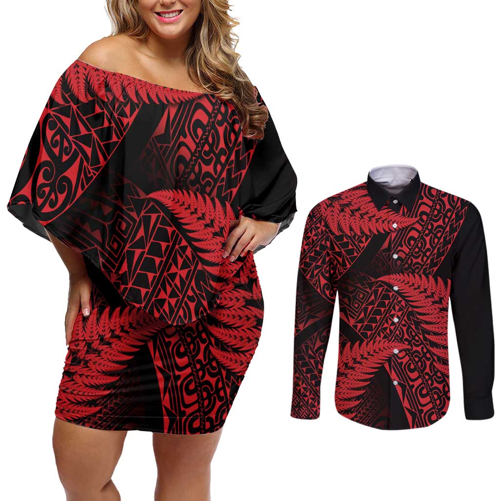 New Zealand Rugby Pacific Personalised Couples Matching Off Shoulder Short Dress and Long Sleeve Button Shirt All Red Maori Pasifika Fern Pattern