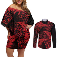 New Zealand Rugby Pacific Personalised Couples Matching Off Shoulder Short Dress and Long Sleeve Button Shirt All Red Maori Pasifika Fern Pattern