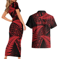 New Zealand Rugby Pacific Personalised Couples Matching Short Sleeve Bodycon Dress and Hawaiian Shirt All Red Maori Pasifika Fern Pattern