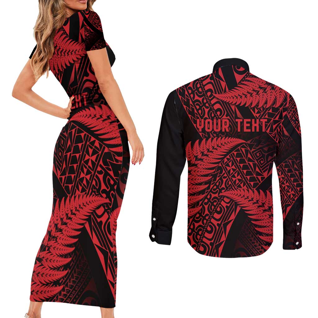 New Zealand Rugby Pacific Personalised Couples Matching Short Sleeve Bodycon Dress and Long Sleeve Button Shirt All Red Maori Pasifika Fern Pattern