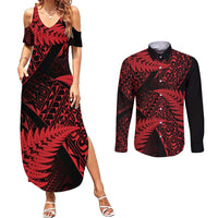 New Zealand Rugby Pacific Personalised Couples Matching Summer Maxi Dress and Long Sleeve Button Shirt All Red Maori Pasifika Fern Pattern