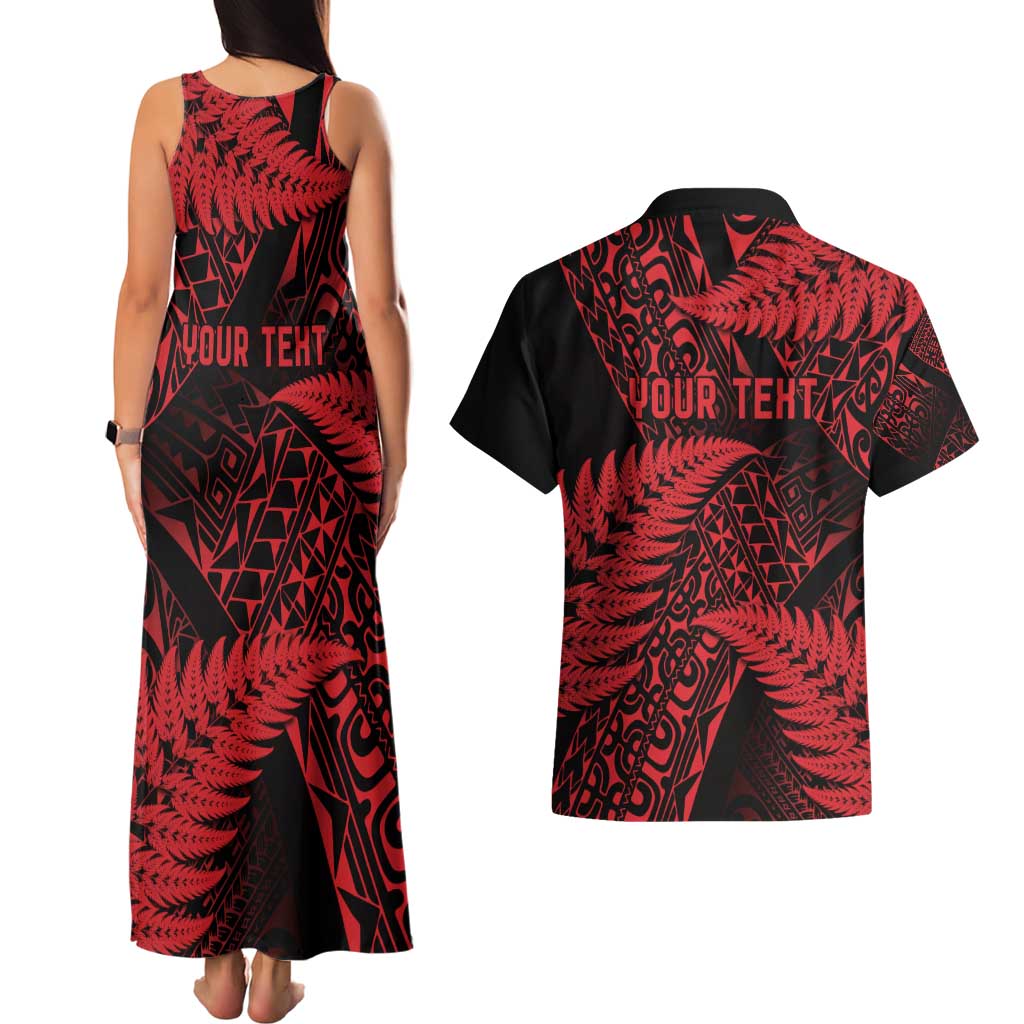 New Zealand Rugby Pacific Personalised Couples Matching Tank Maxi Dress and Hawaiian Shirt All Red Maori Pasifika Fern Pattern