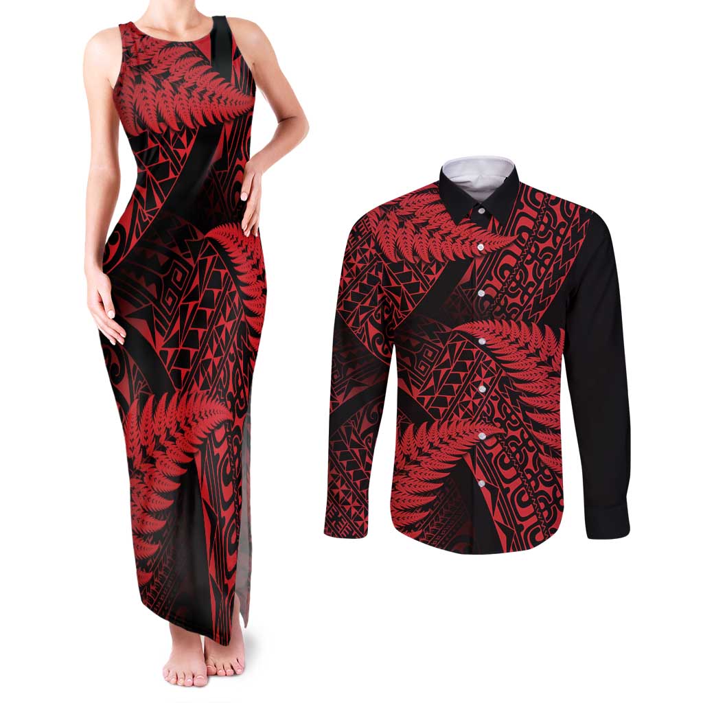 New Zealand Rugby Pacific Personalised Couples Matching Tank Maxi Dress and Long Sleeve Button Shirt All Red Maori Pasifika Fern Pattern