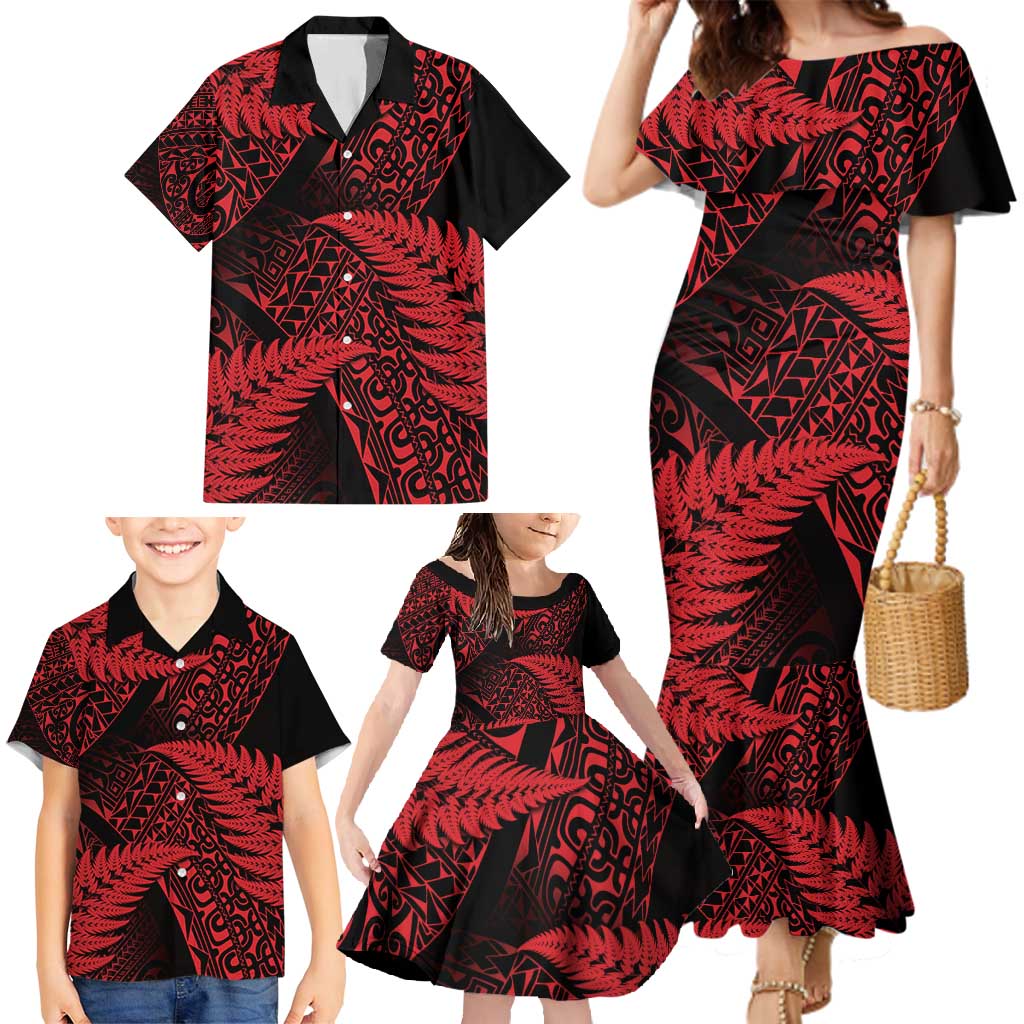New Zealand Rugby Pacific Personalised Family Matching Mermaid Dress and Hawaiian Shirt All Red Maori Pasifika Fern Pattern