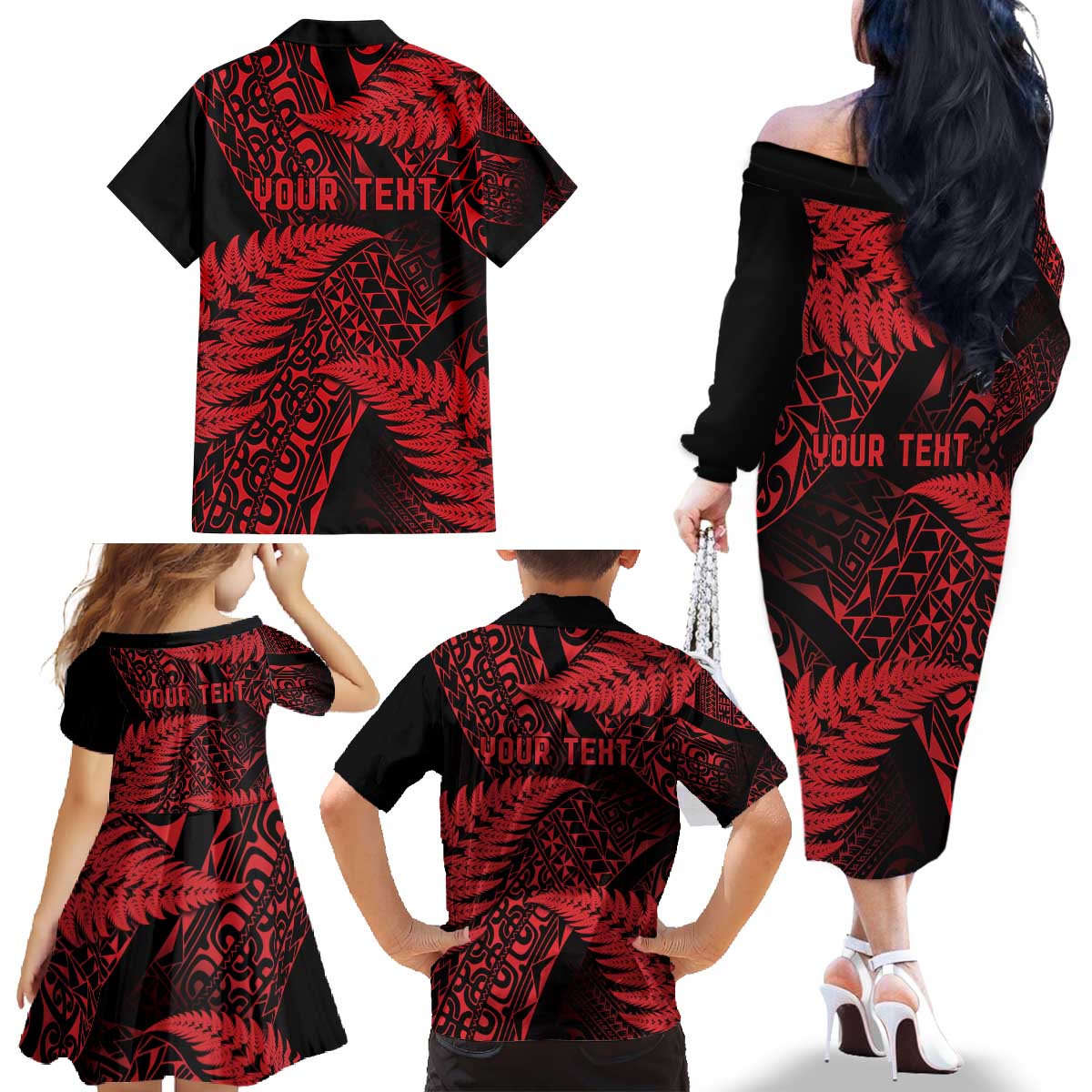 New Zealand Rugby Pacific Personalised Family Matching Off The Shoulder Long Sleeve Dress and Hawaiian Shirt All Red Maori Pasifika Fern Pattern