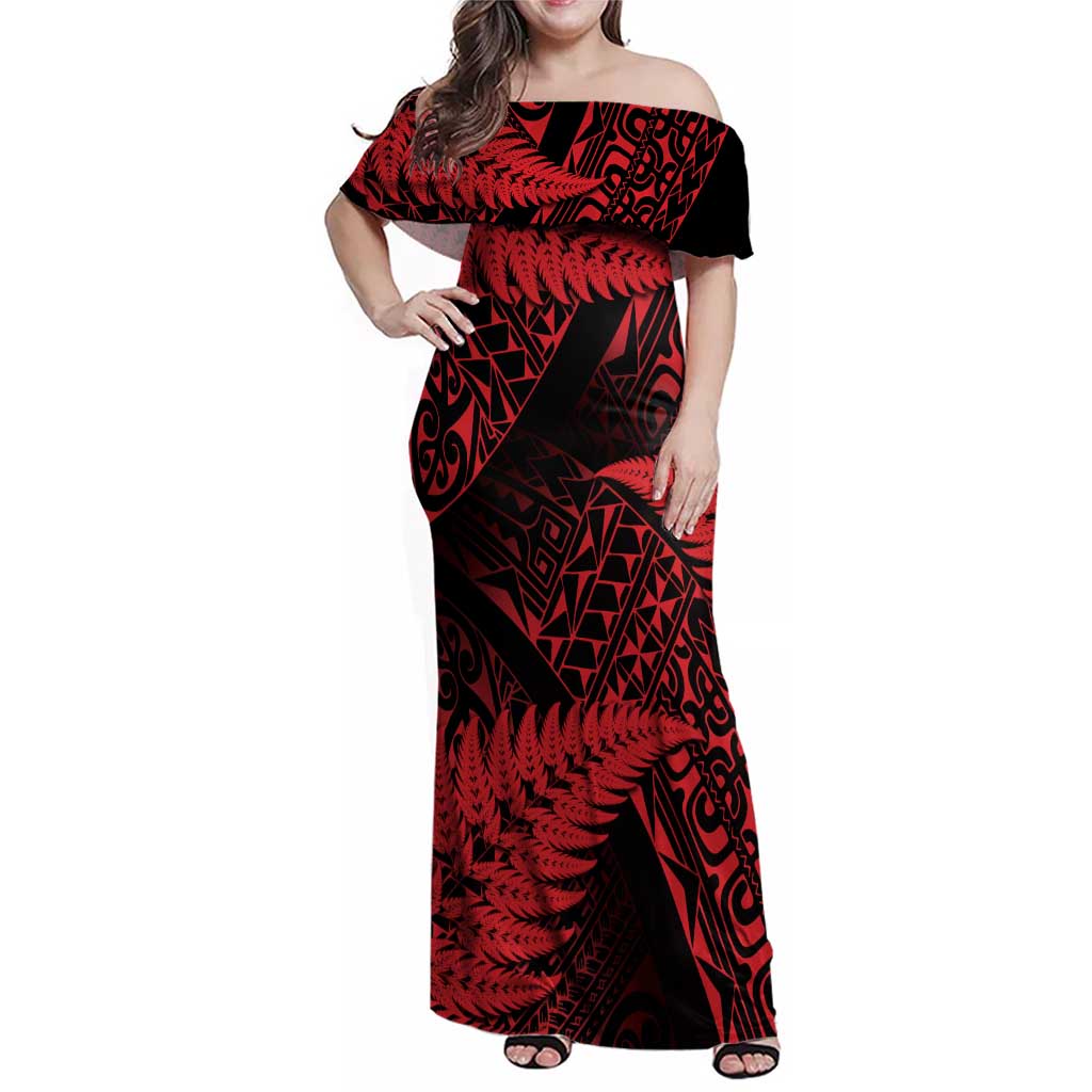New Zealand Rugby Pacific Personalised Family Matching Off Shoulder Maxi Dress and Hawaiian Shirt All Red Maori Pasifika Fern Pattern