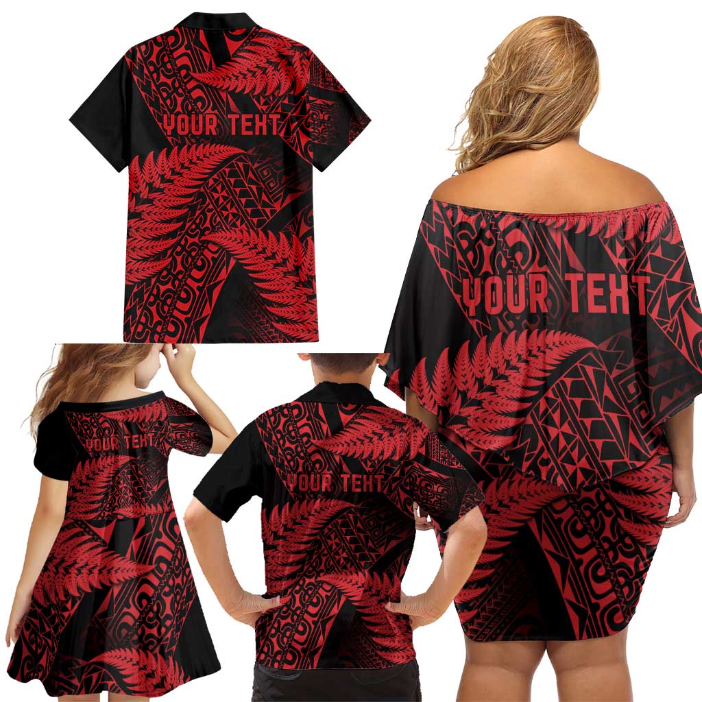 New Zealand Rugby Pacific Personalised Family Matching Off Shoulder Short Dress and Hawaiian Shirt All Red Maori Pasifika Fern Pattern