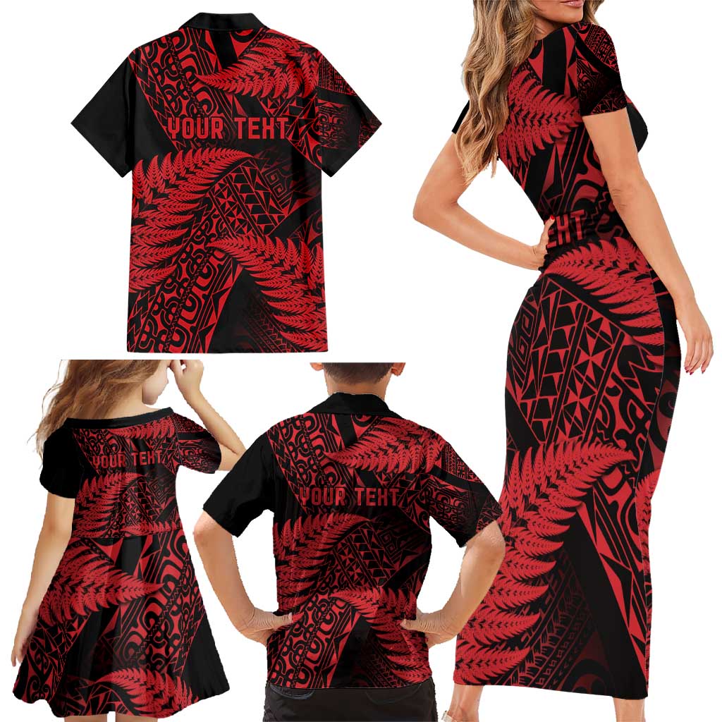 New Zealand Rugby Pacific Personalised Family Matching Short Sleeve Bodycon Dress and Hawaiian Shirt All Red Maori Pasifika Fern Pattern