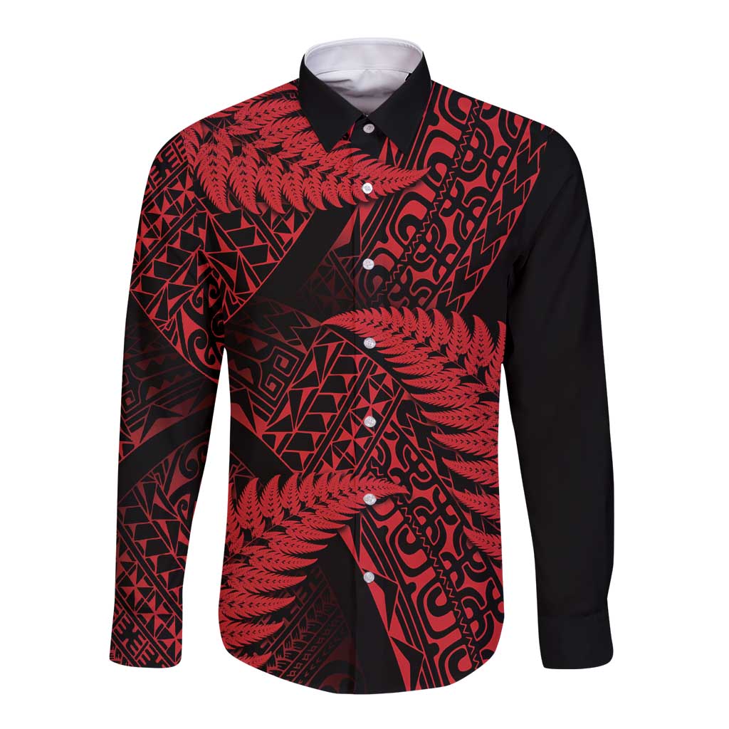 New Zealand Rugby Pacific Personalised Long Sleeve Button Shirt All Red Maori Pasifika Fern Pattern