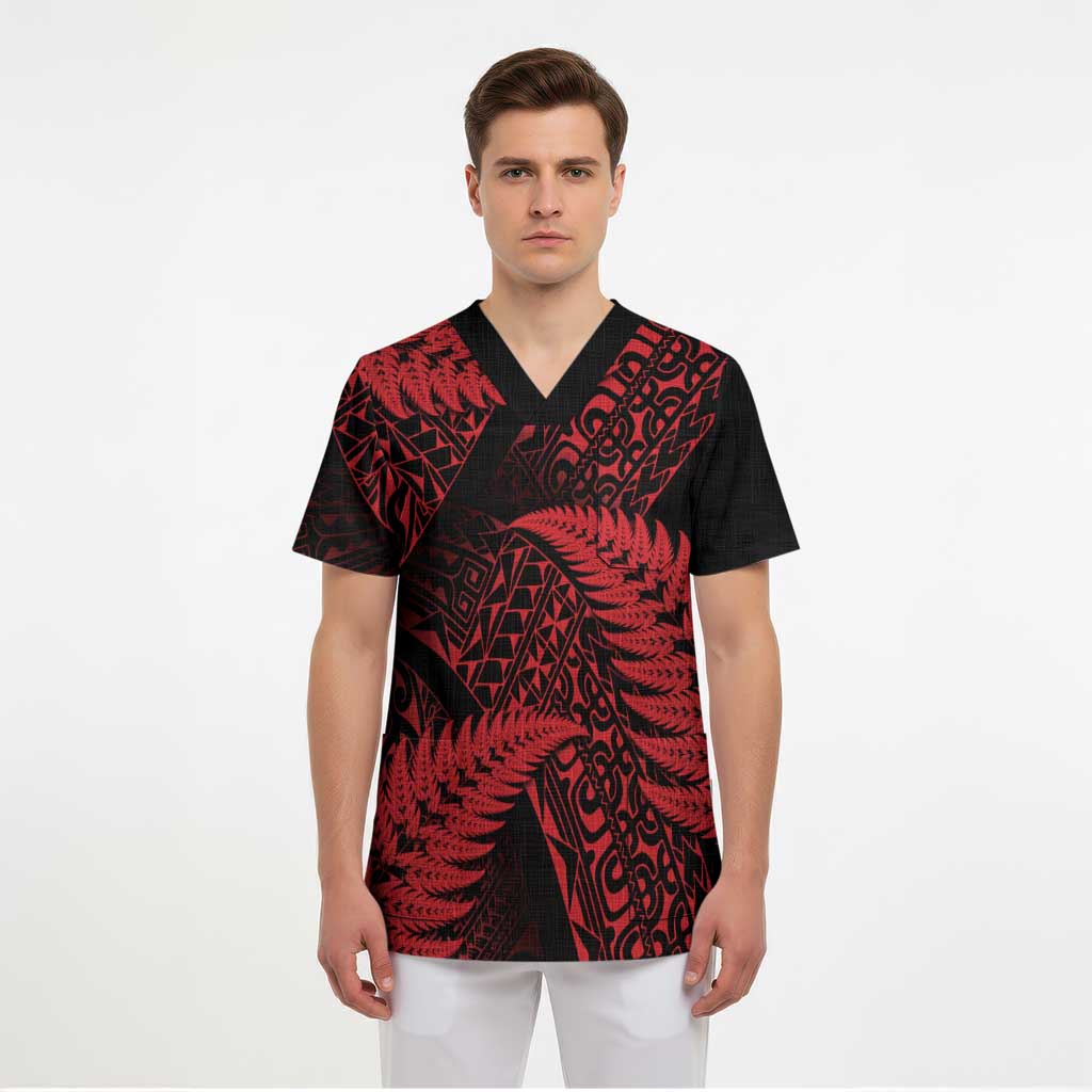 New Zealand Rugby Pacific Personalised Scrub Top All Red Maori Pasifika Fern Pattern - Polynesian Pride