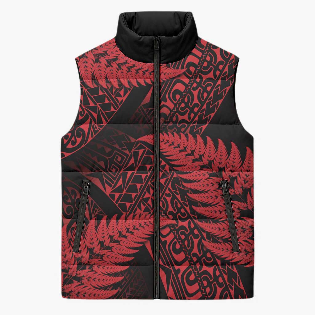 New Zealand Rugby Pacific Personalised Sleeveless Puffer Jacket All Red Maori Pasifika Fern Pattern - Polynesian Pride