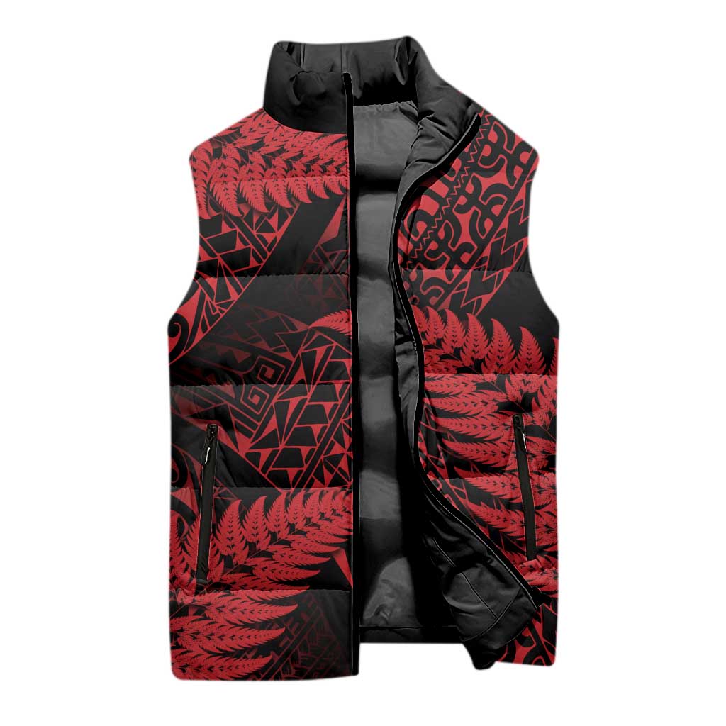 New Zealand Rugby Pacific Personalised Sleeveless Puffer Jacket All Red Maori Pasifika Fern Pattern - Polynesian Pride