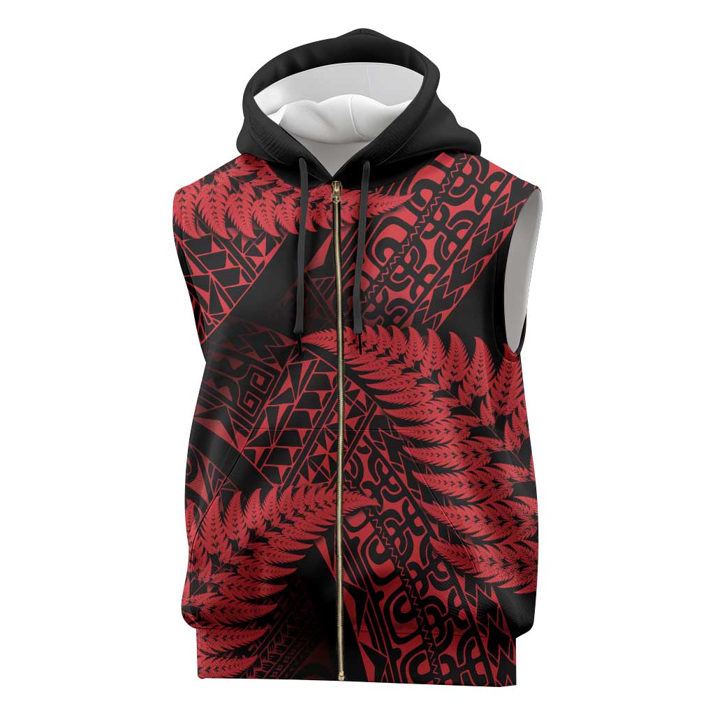 New Zealand Rugby Pacific Personalised Sleeveless Zip Hoodie All Red Maori Pasifika Fern Pattern - Polynesian Pride