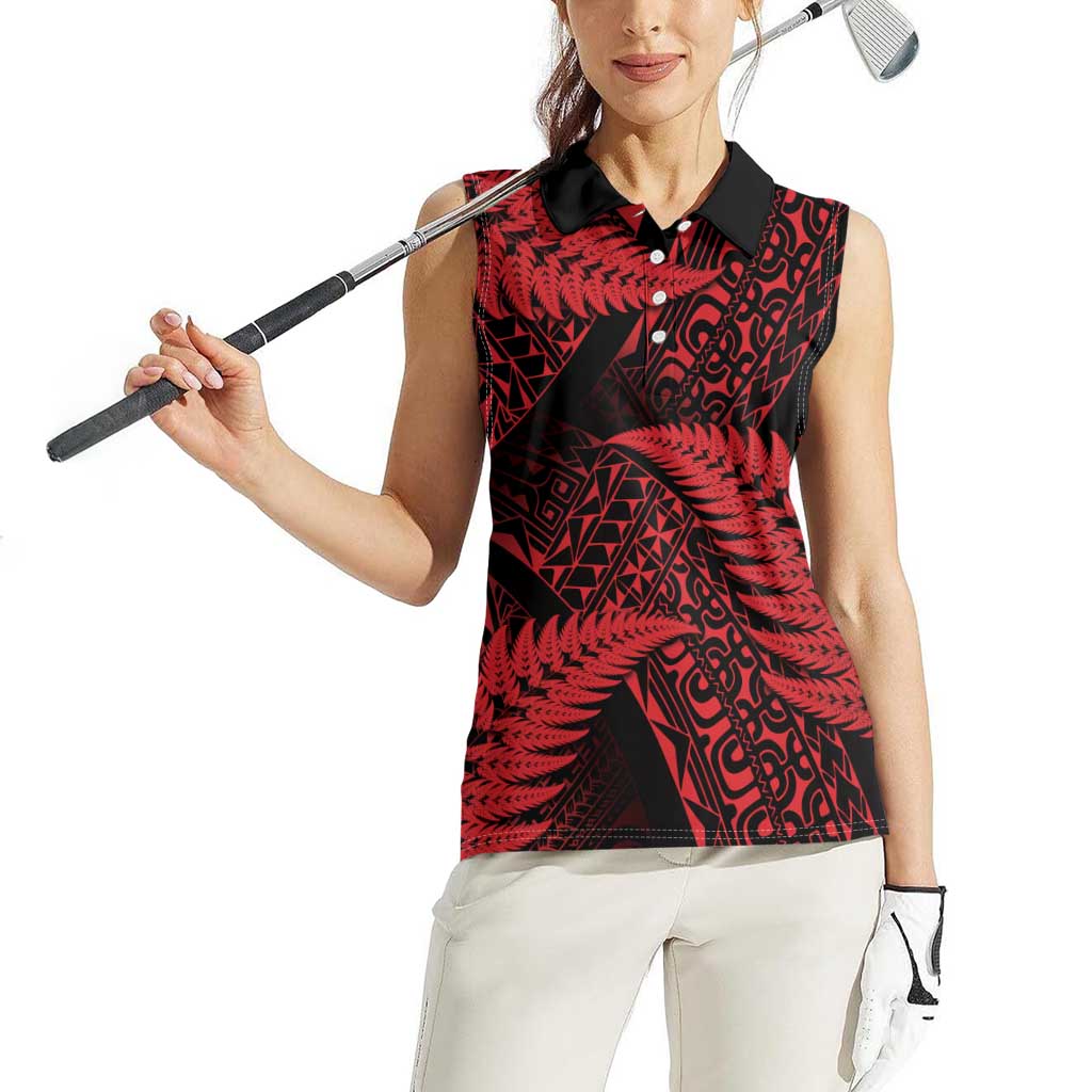 New Zealand Rugby Pacific Personalised Women Sleeveless Polo Shirt All Red Maori Pasifika Fern Pattern