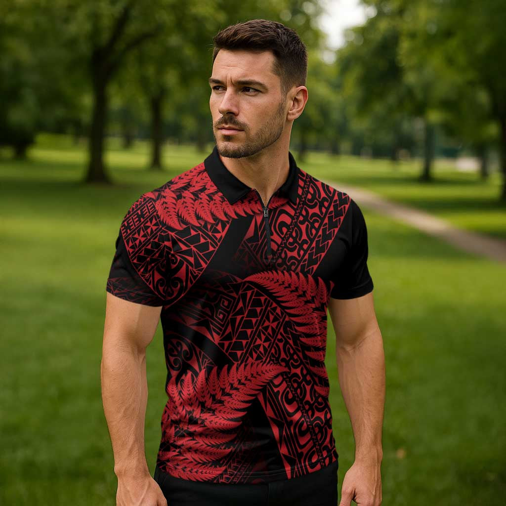 New Zealand Rugby Pacific Personalised Zipper Polo Shirt All Red Maori Pasifika Fern Pattern - Polynesian Pride