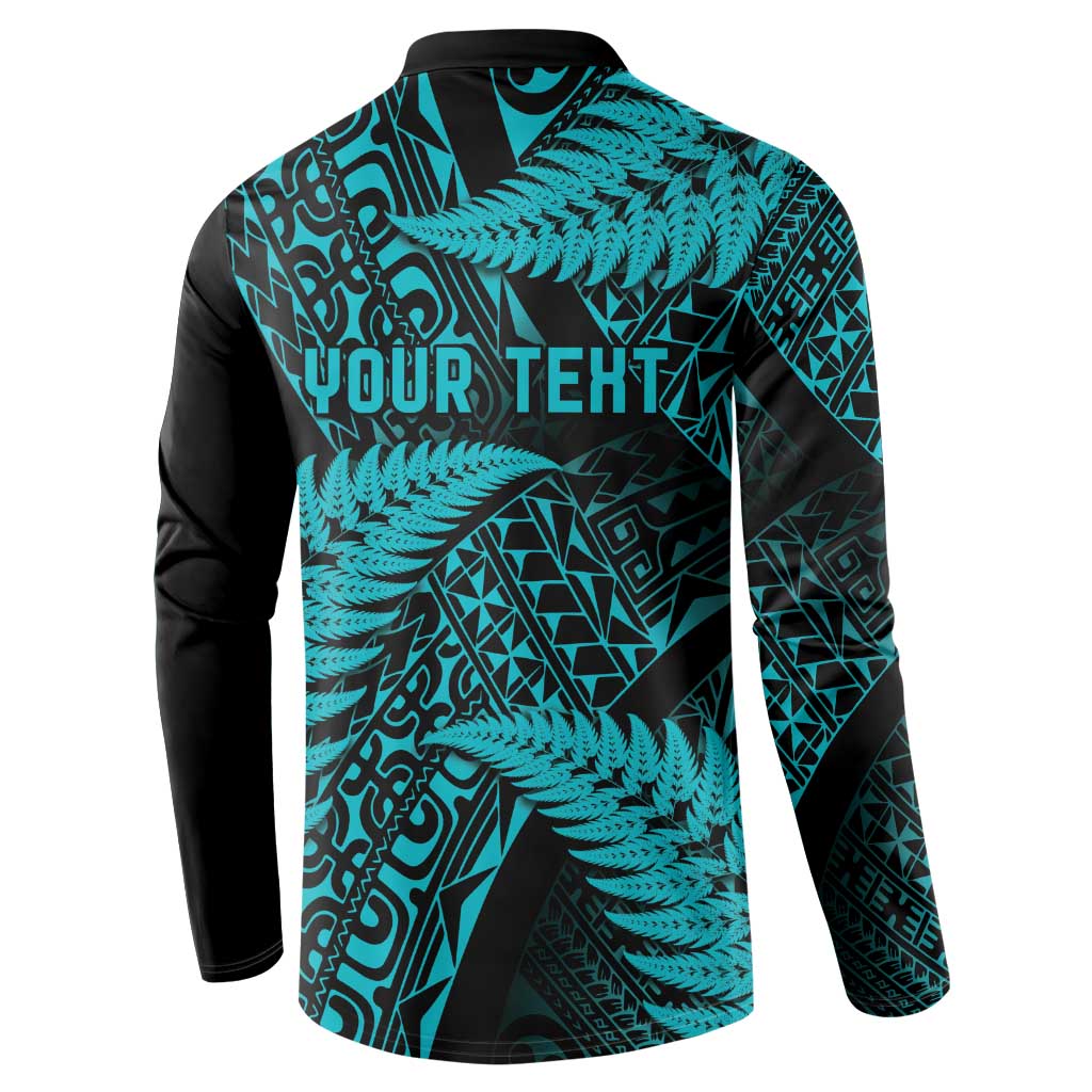 New Zealand Rugby Pacific Personalised Button Sweatshirt All Turquoise Maori Pasifika Fern Pattern