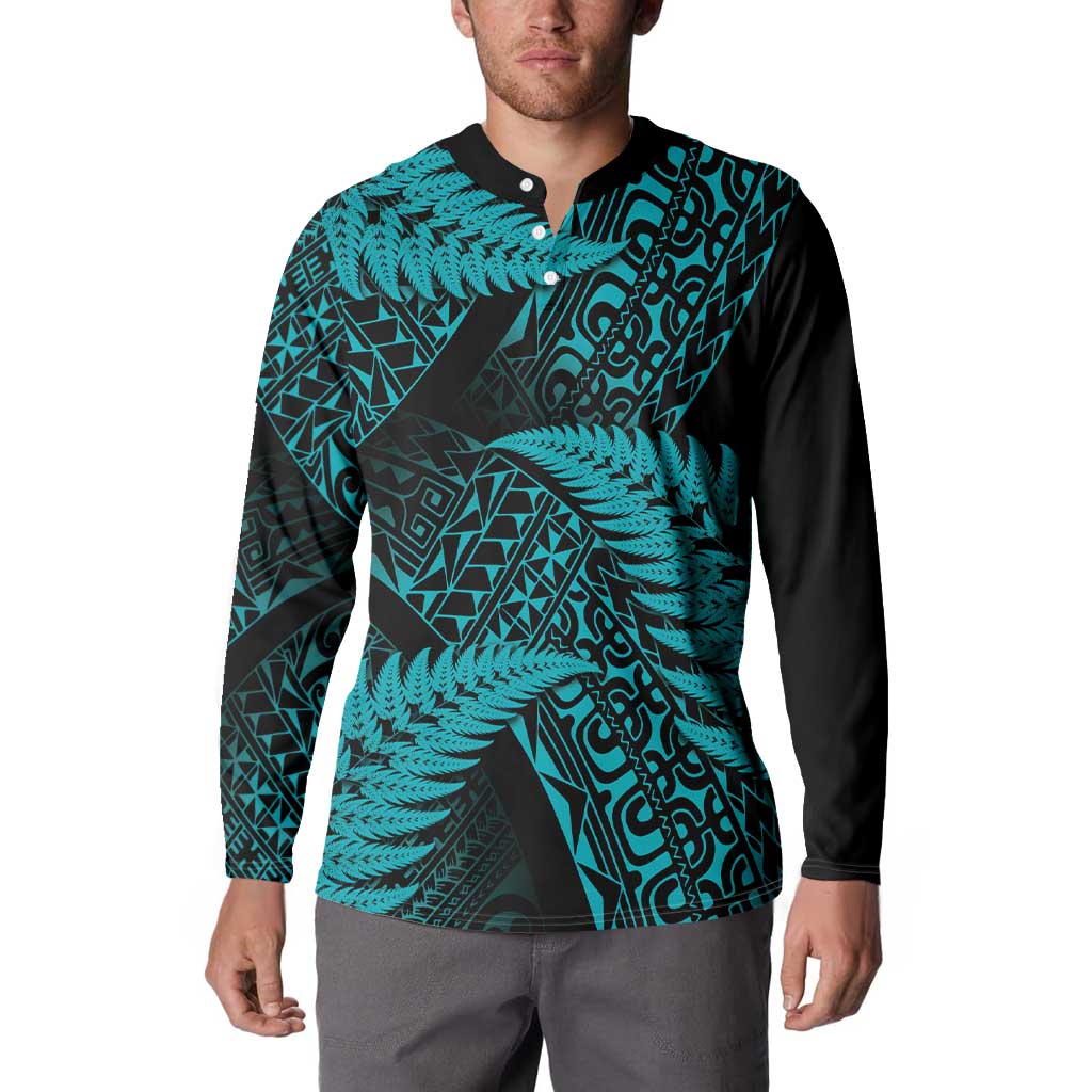 New Zealand Rugby Pacific Personalised Button Sweatshirt All Turquoise Maori Pasifika Fern Pattern