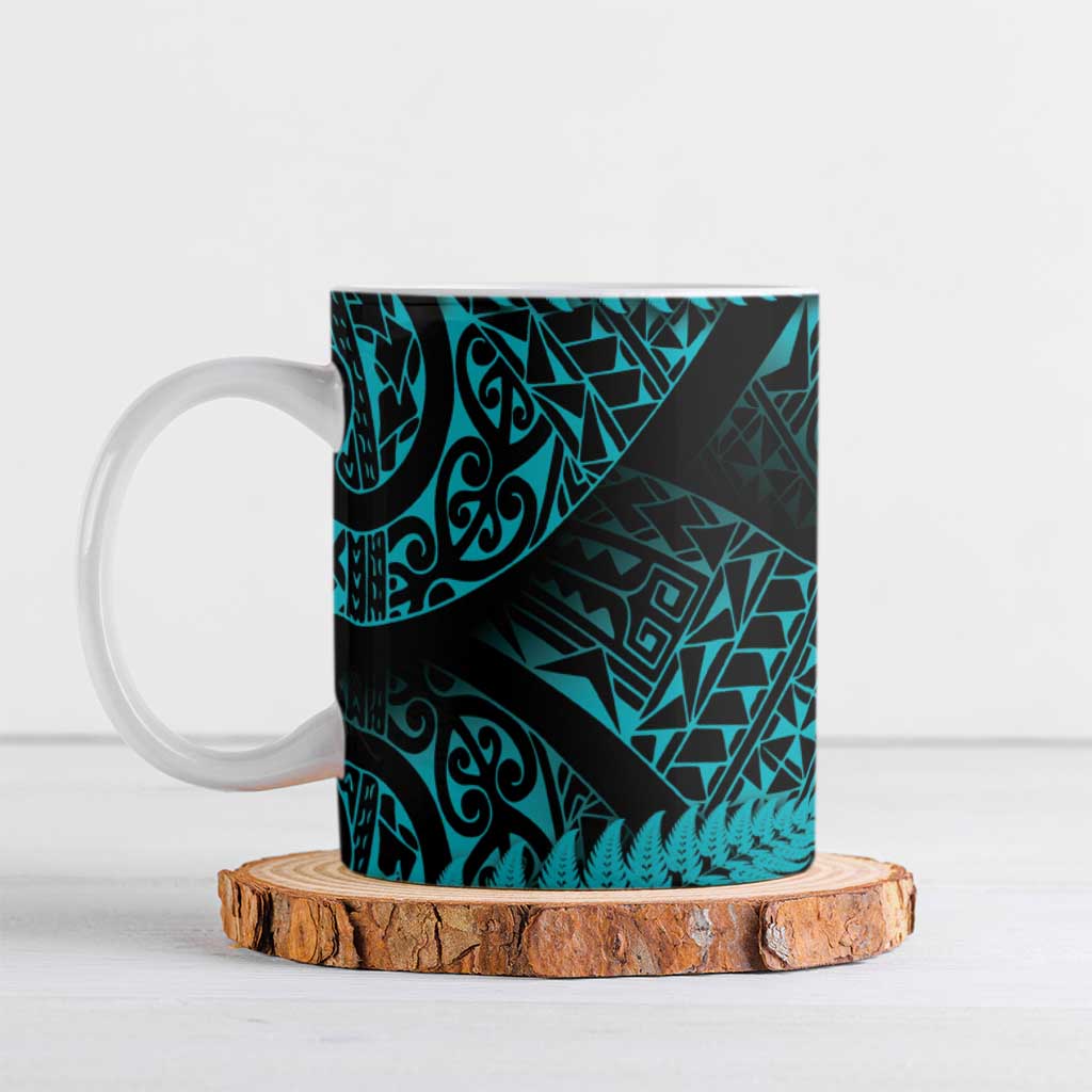 New Zealand Rugby Pacific Personalised Ceramic Mug All Turquoise Maori Pasifika Fern Pattern - Polynesian Pride