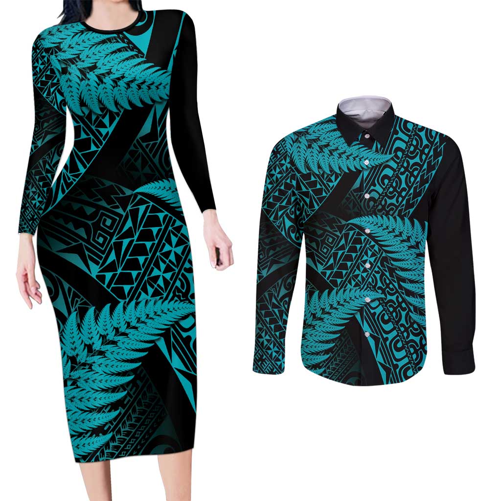 New Zealand Rugby Pacific Personalised Couples Matching Long Sleeve Bodycon Dress and Long Sleeve Button Shirt All Turquoise Maori Pasifika Fern Pattern