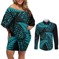 New Zealand Rugby Pacific Personalised Couples Matching Off Shoulder Short Dress and Long Sleeve Button Shirt All Turquoise Maori Pasifika Fern Pattern