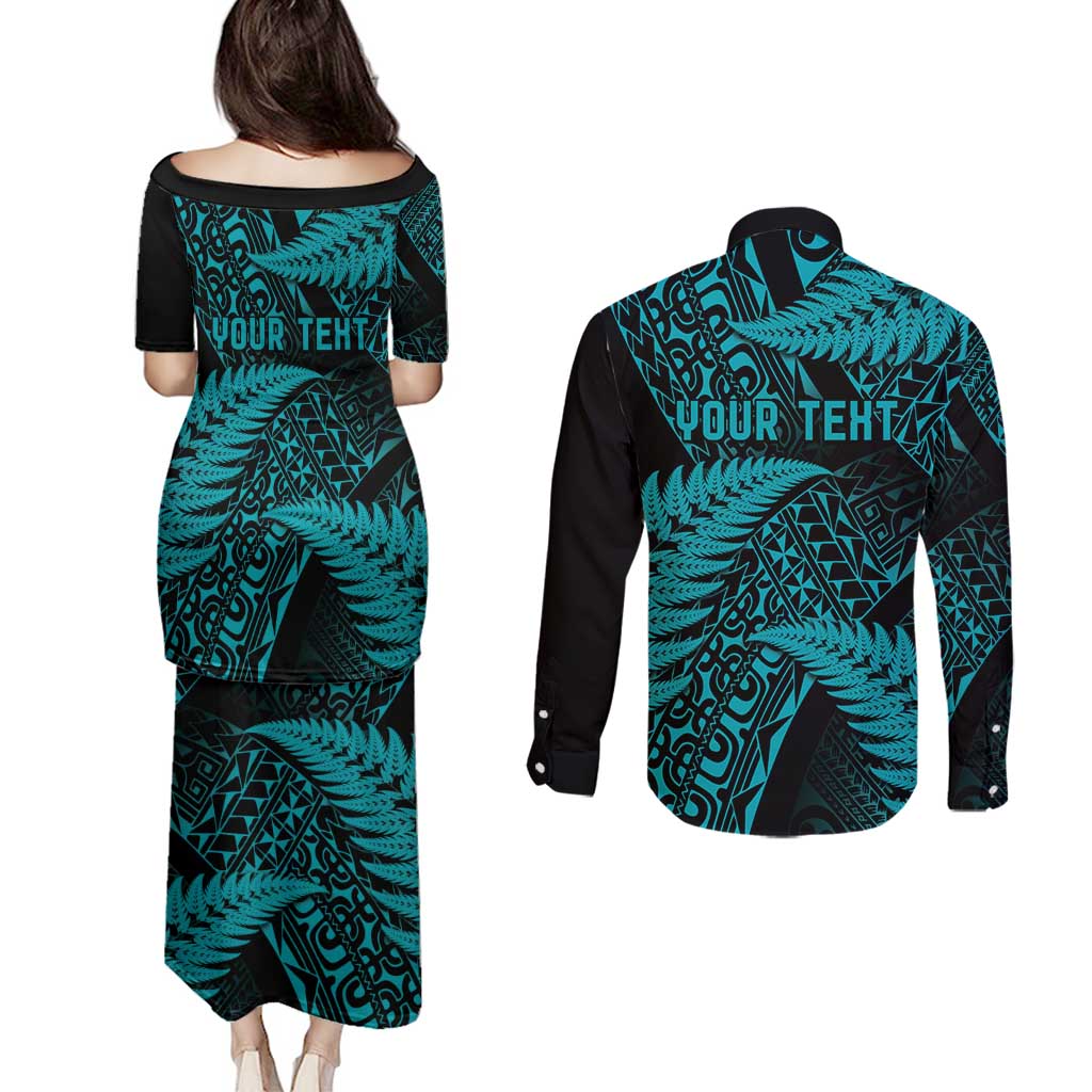 New Zealand Rugby Pacific Personalised Couples Matching Puletasi and Long Sleeve Button Shirt All Turquoise Maori Pasifika Fern Pattern