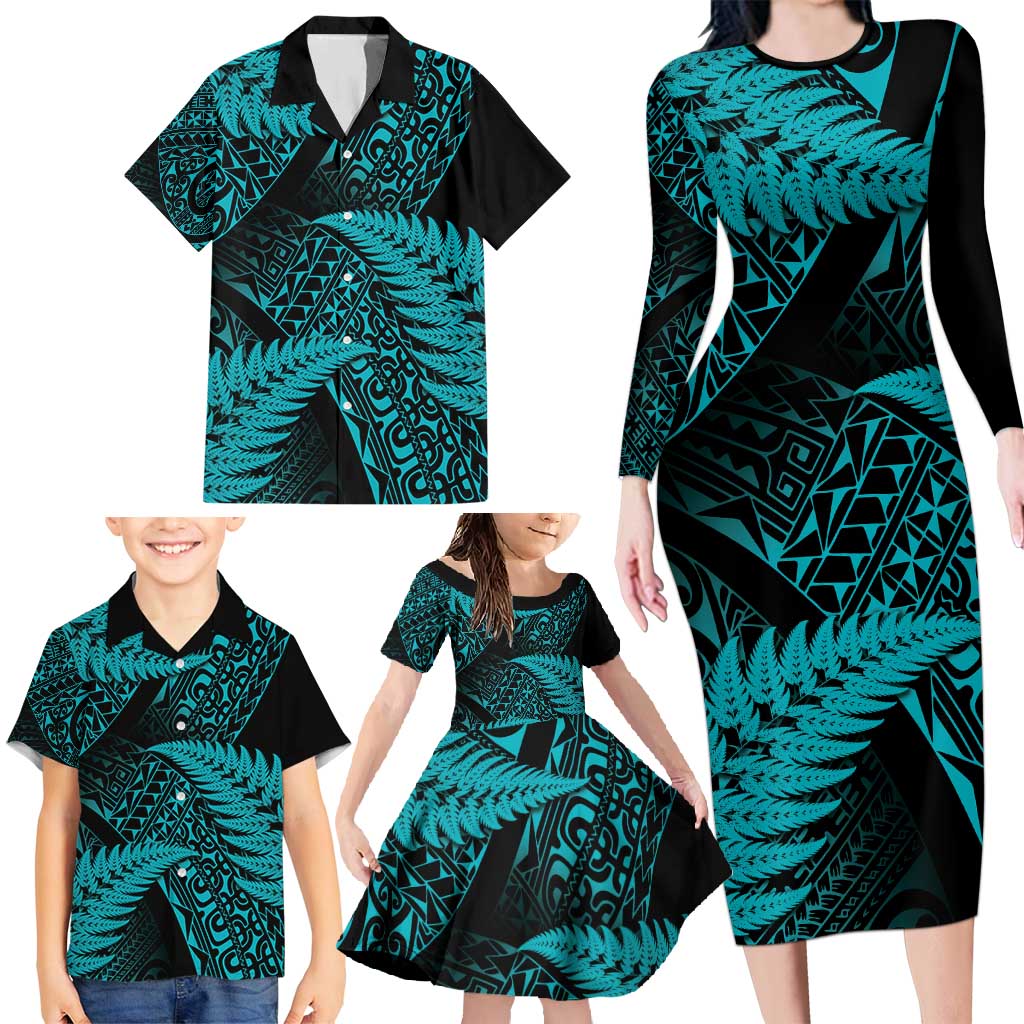 New Zealand Rugby Pacific Personalised Family Matching Long Sleeve Bodycon Dress and Hawaiian Shirt All Turquoise Maori Pasifika Fern Pattern