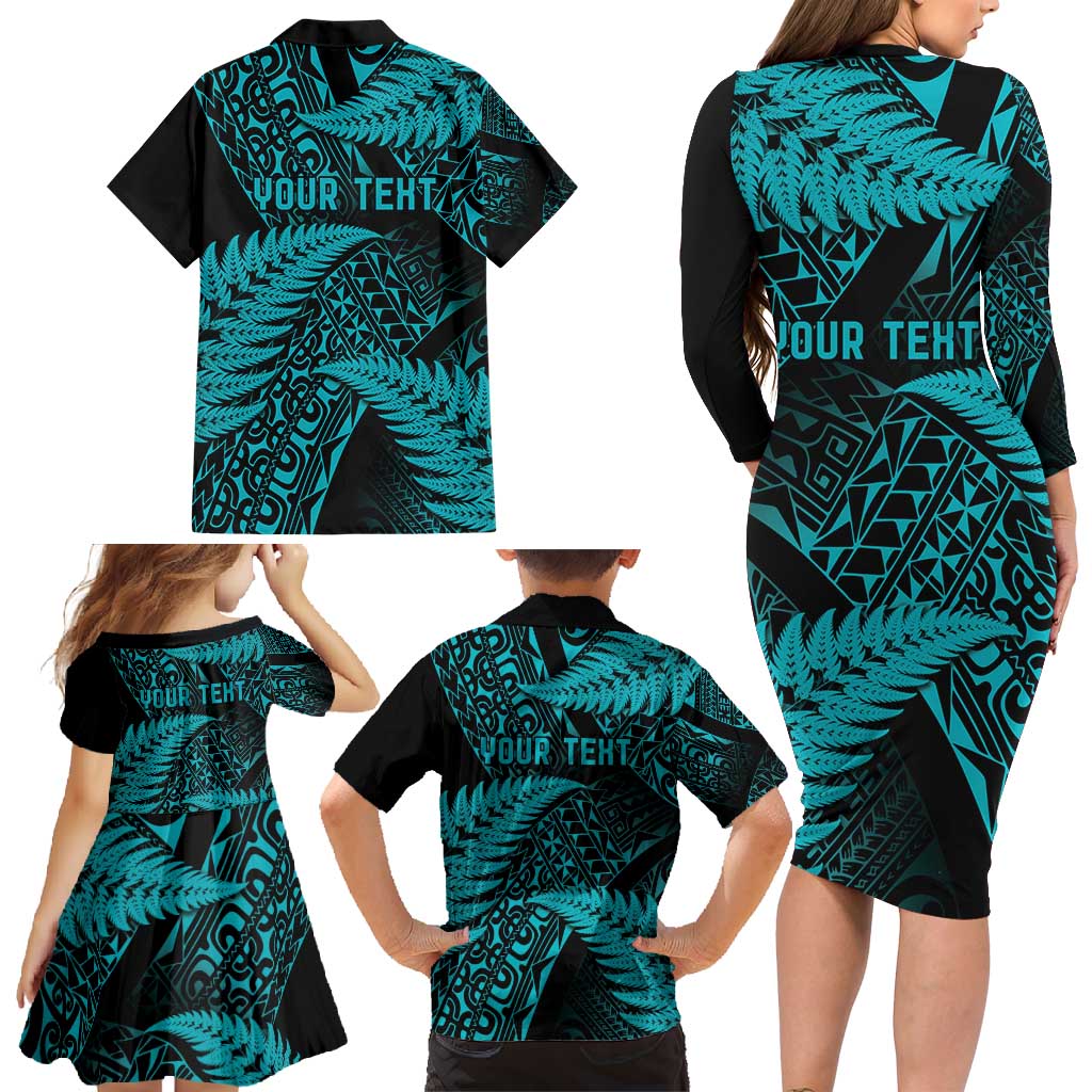 New Zealand Rugby Pacific Personalised Family Matching Long Sleeve Bodycon Dress and Hawaiian Shirt All Turquoise Maori Pasifika Fern Pattern