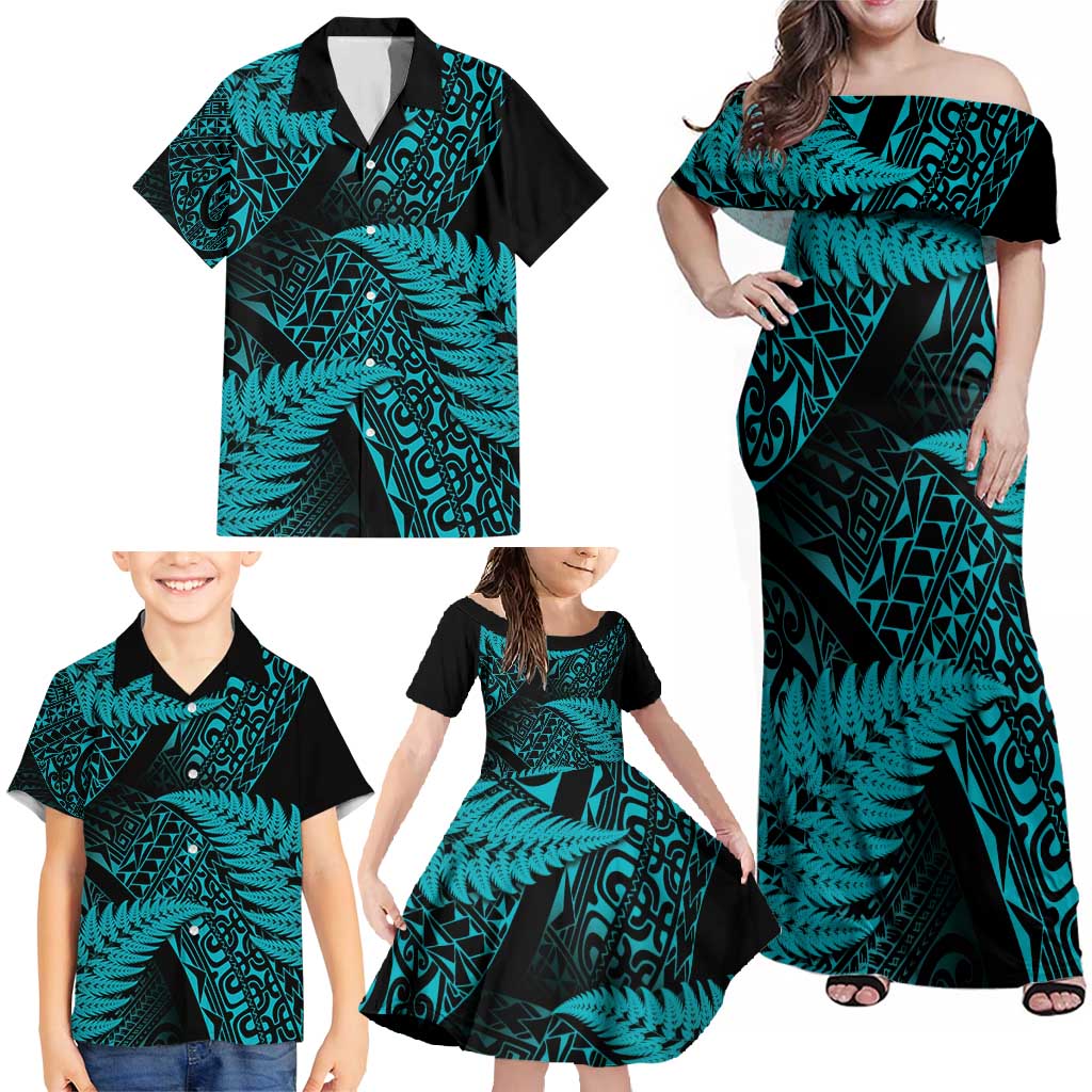 New Zealand Rugby Pacific Personalised Family Matching Off Shoulder Maxi Dress and Hawaiian Shirt All Turquoise Maori Pasifika Fern Pattern