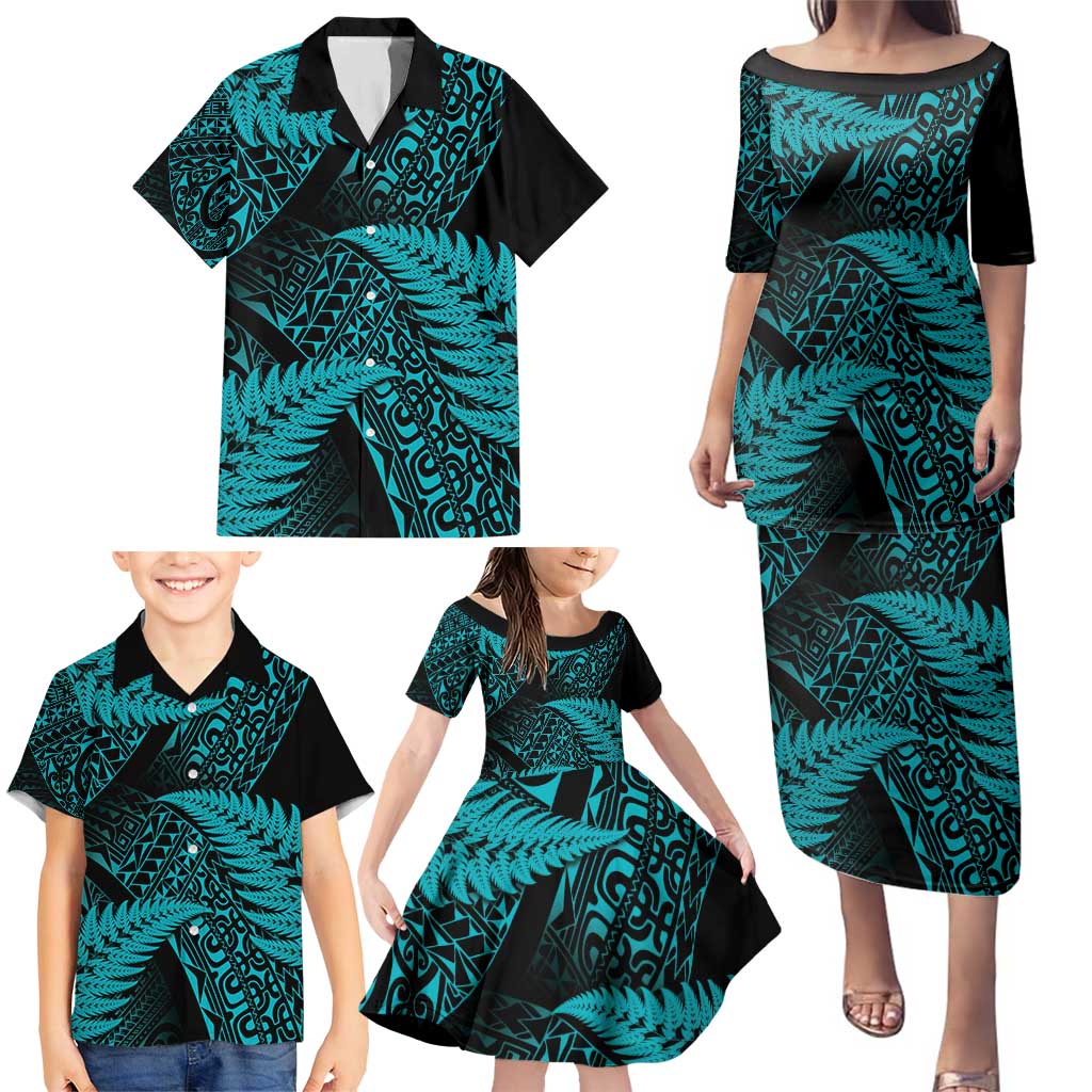 New Zealand Rugby Pacific Personalised Family Matching Puletasi and Hawaiian Shirt All Turquoise Maori Pasifika Fern Pattern